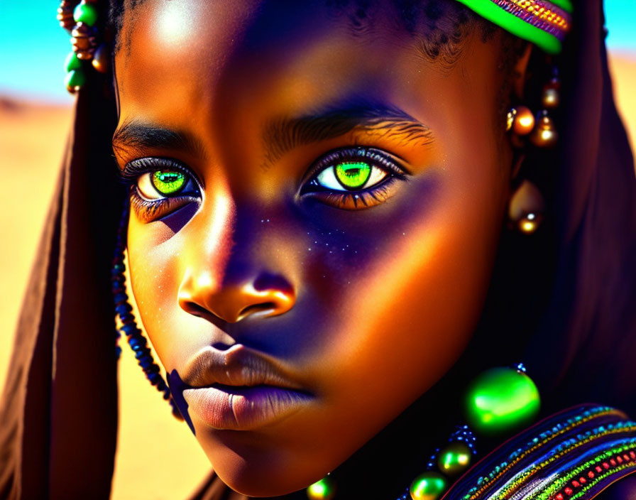 Young girl with green eyes and beads in desert scene