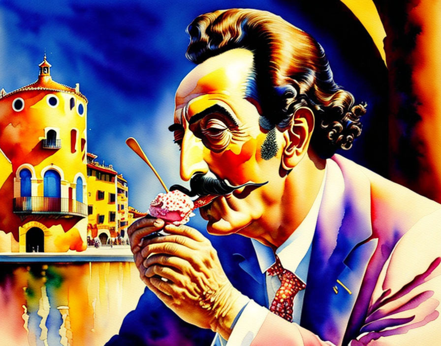 Colorful surreal artwork of a man with a mustache eating ice cream