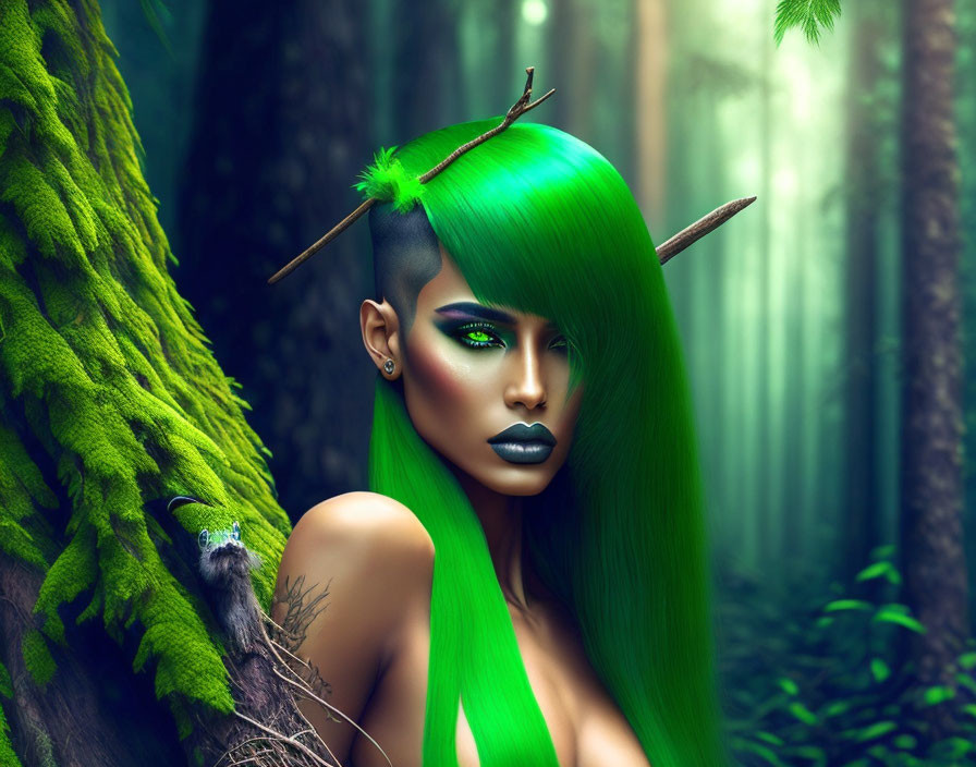 Fantasy portrait of woman with vibrant green leaf-styled hair in mystical forest