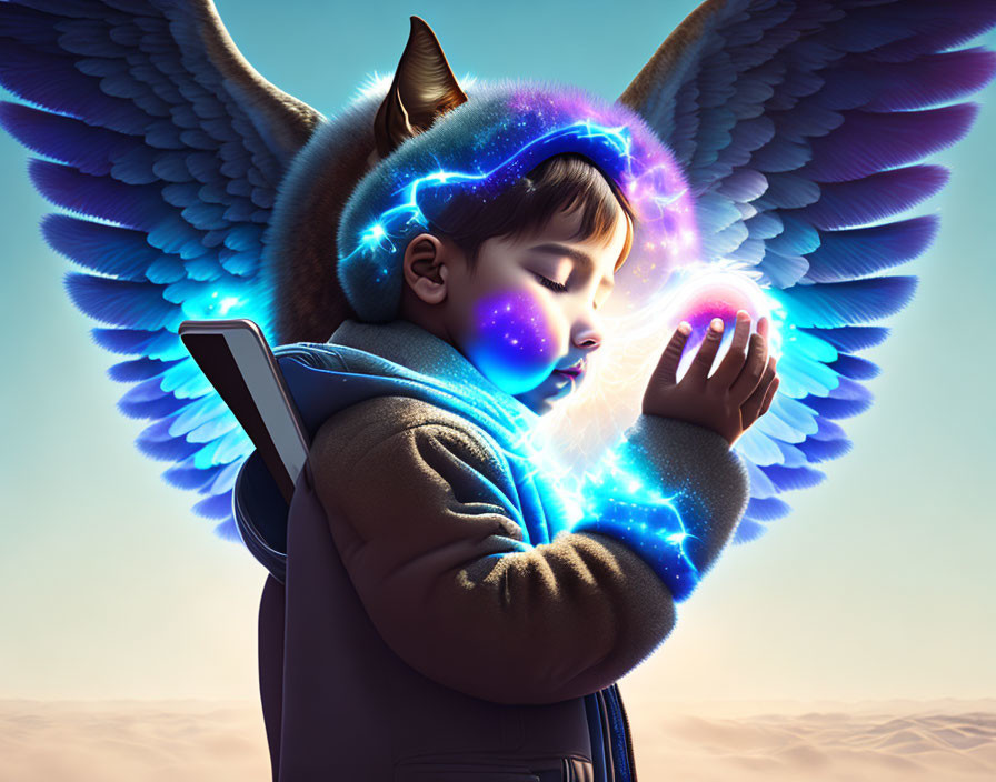 Child with wings and glowing orb in serene dusk sky setting