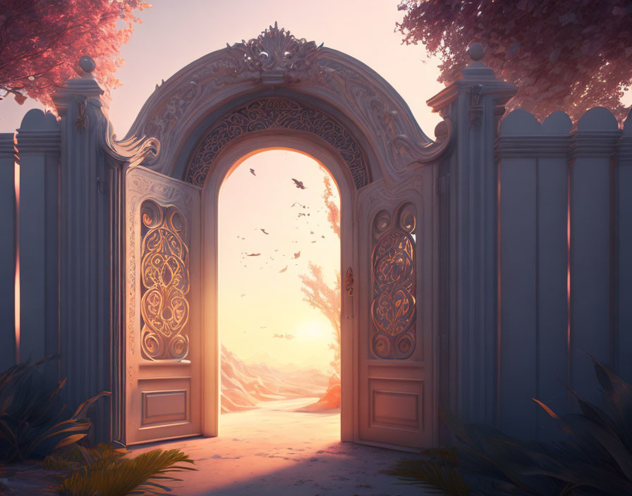 Intricate archway frames serene landscape with mountains and birds