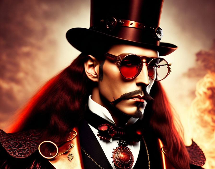 Steampunk-themed person with top hat, round sunglasses, and stylized mustache on amber backdrop