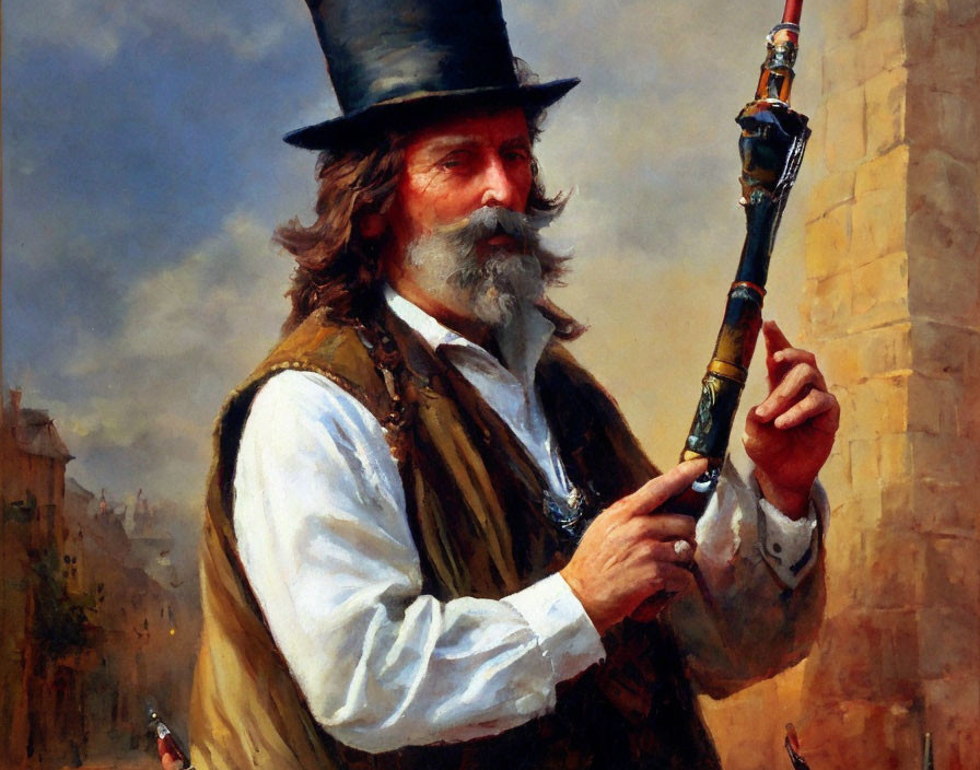 Bearded man in top hat and waistcoat with musical pipe, city backdrop