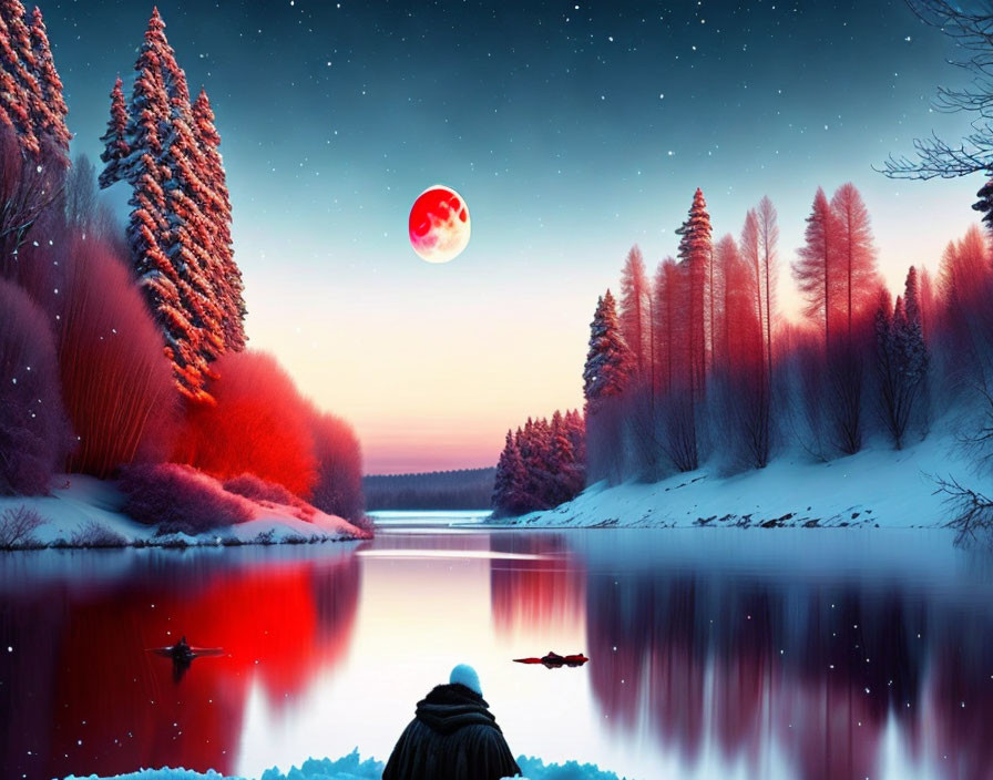 Winter scene with person in jacket by tranquil river, snow-covered banks, conifers, red moon,