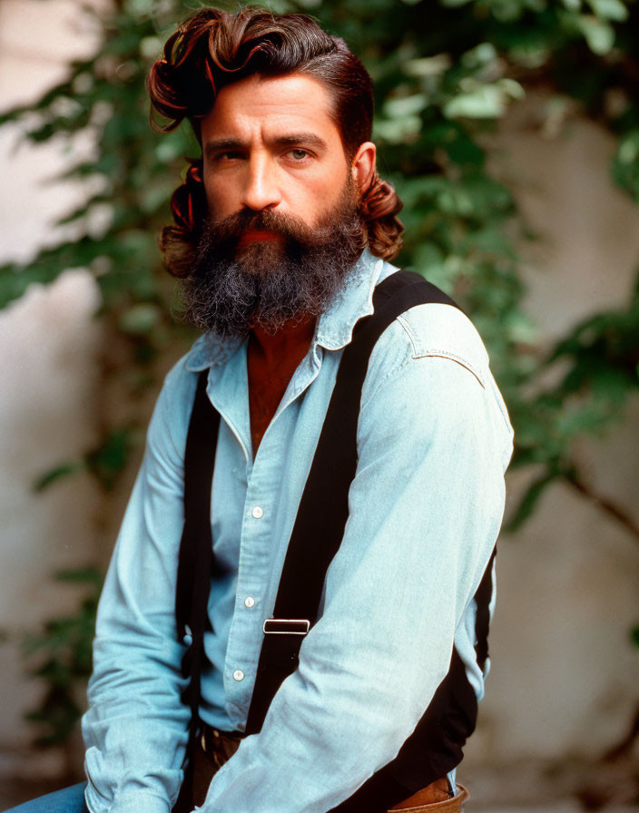 Styled bearded man in denim shirt and suspenders with serious expression