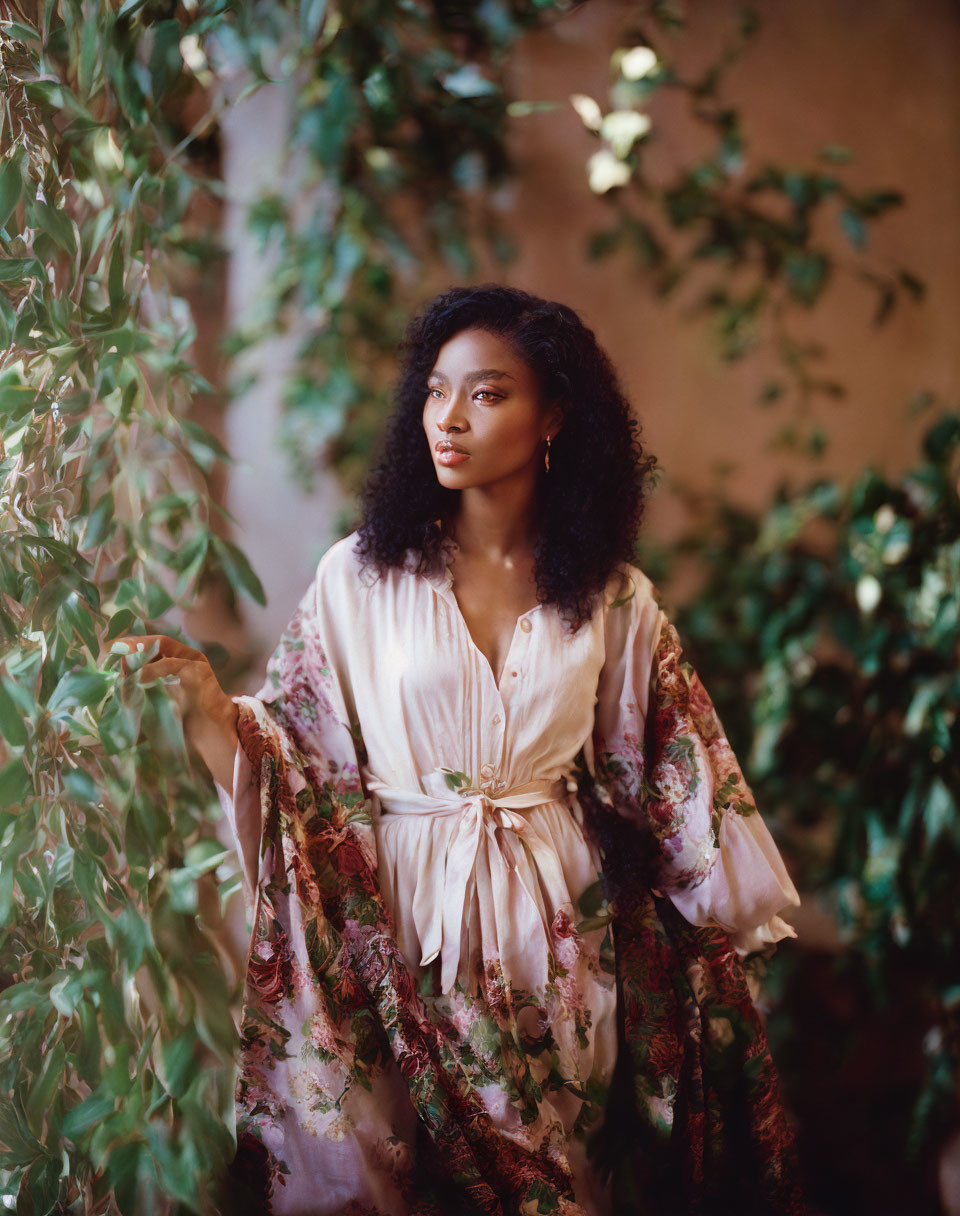 Woman in floral dress surrounded by greenery, looking away thoughtfully