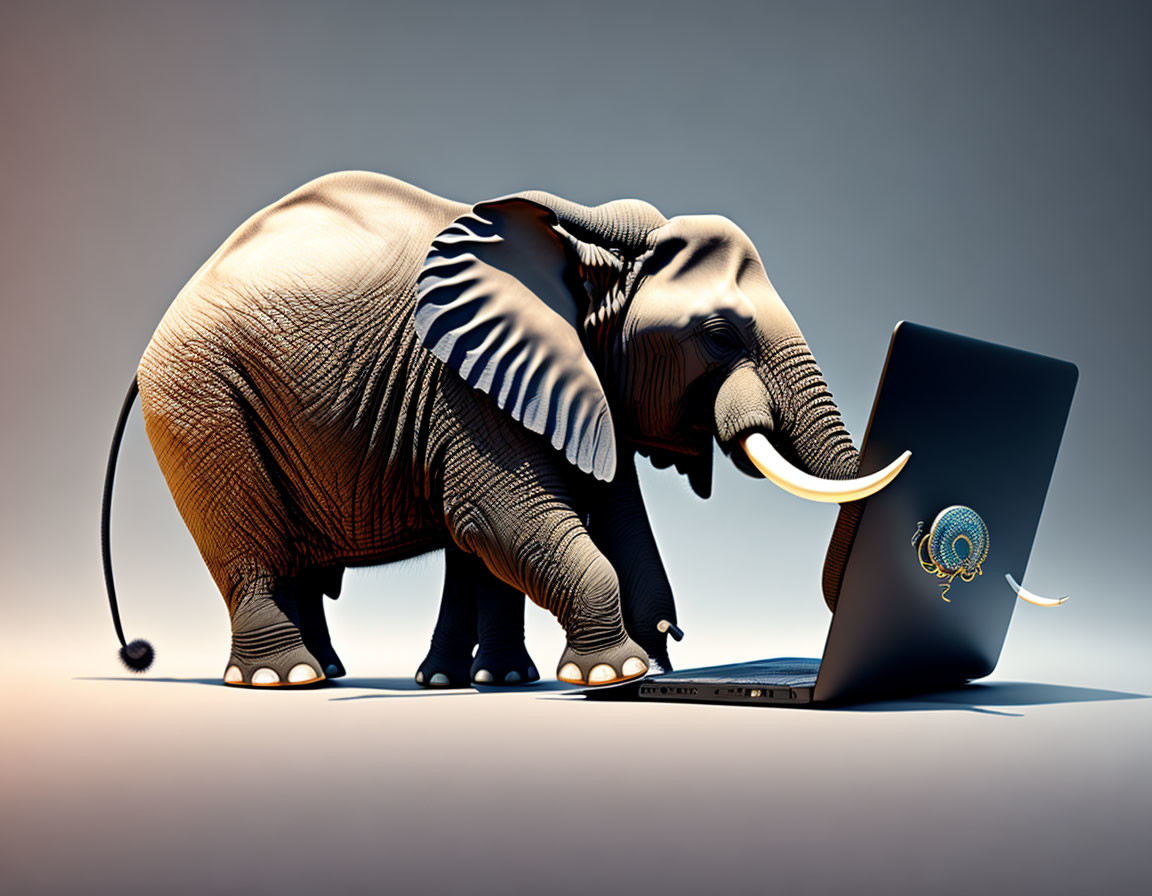 Elephant and laptop with peacock feather design fusion