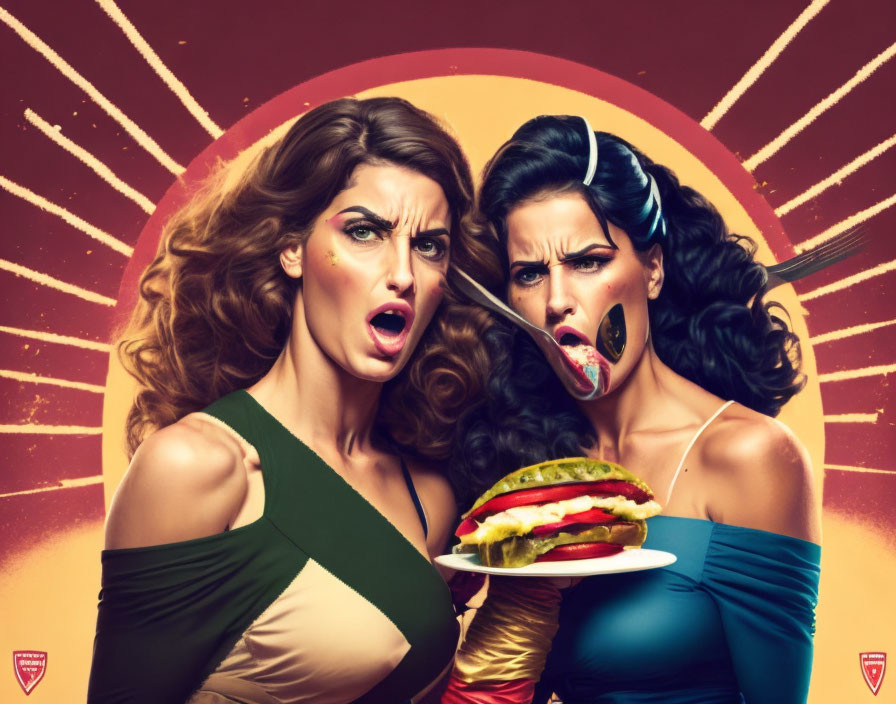 Vintage Style Animated Women with Shocked Expressions and Bitten Burger on Retro Sunburst Background