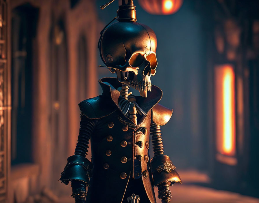 Skeletal robot in pirate attire walking in dimly-lit alley
