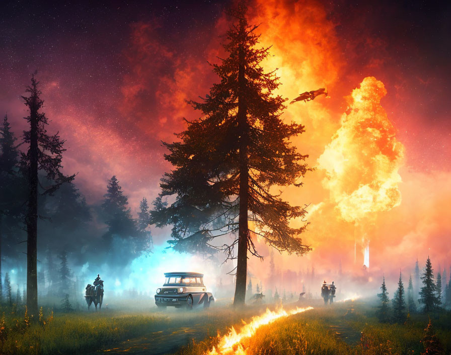 Forest fire at night with flames, car, people, and horses in smoke