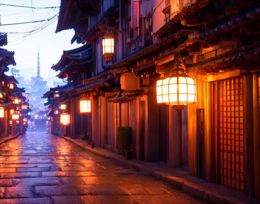 Traditional Lantern-Lit Street at Dusk with Pagoda Silhouette