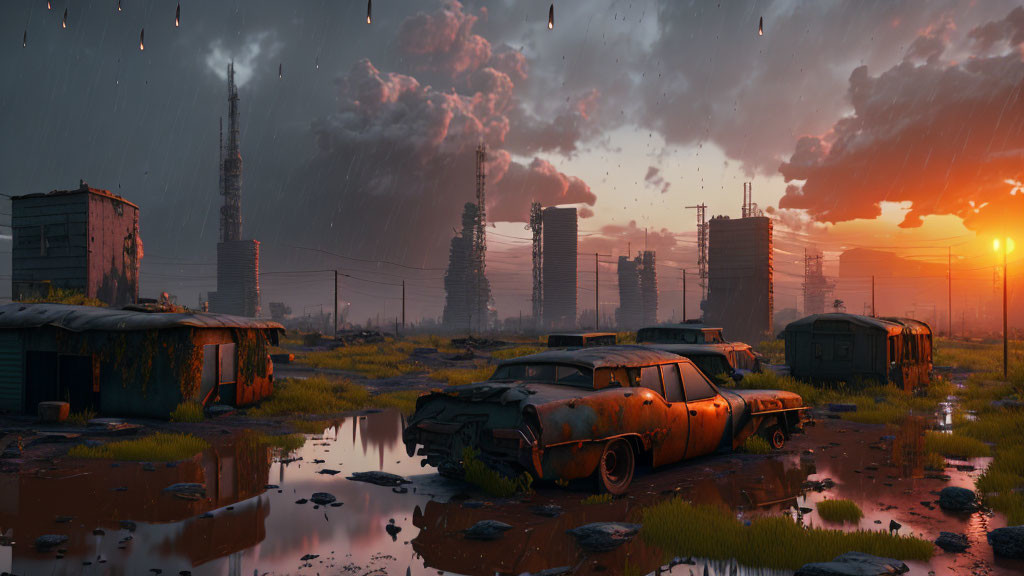 Desolate sunset landscape with ruined structures and vehicles under fiery sky