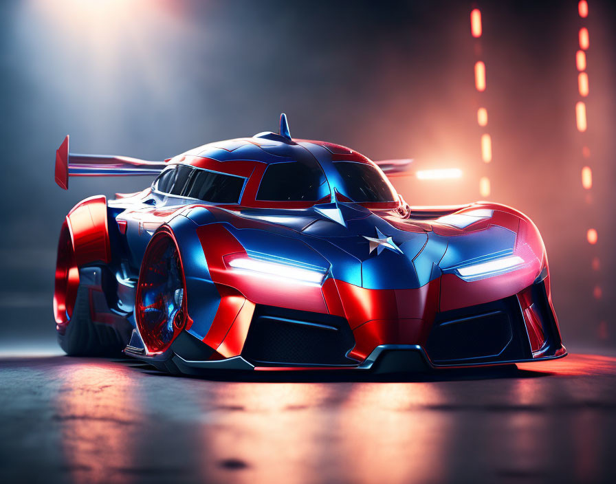 Futuristic race car with blue and red livery on illuminated track