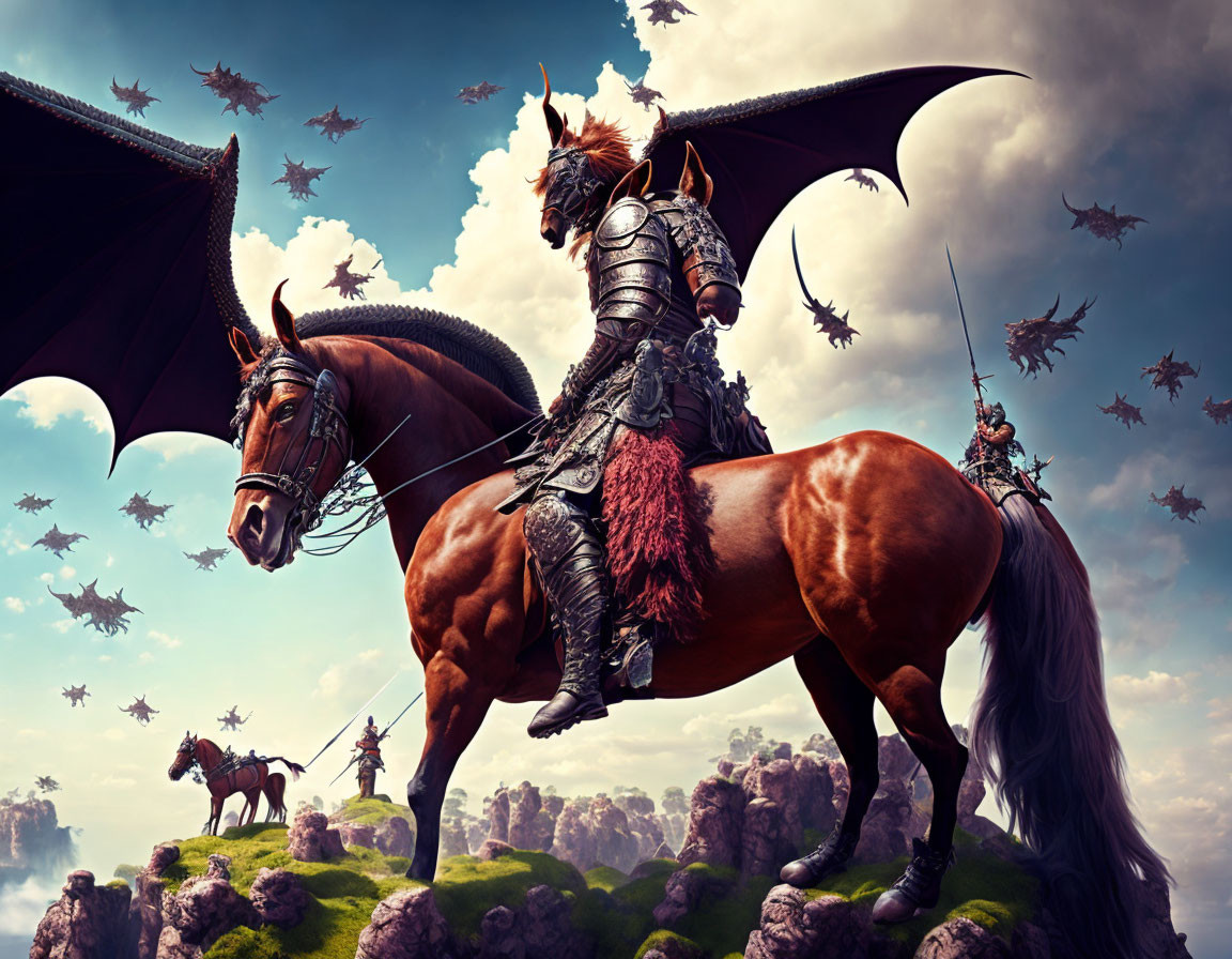 Armored warriors on horses with bat-like wings in fantasy scene.