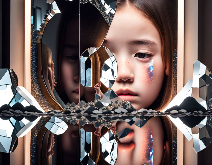 Surreal portrait of girl with reflective surfaces and shattered mirror effects