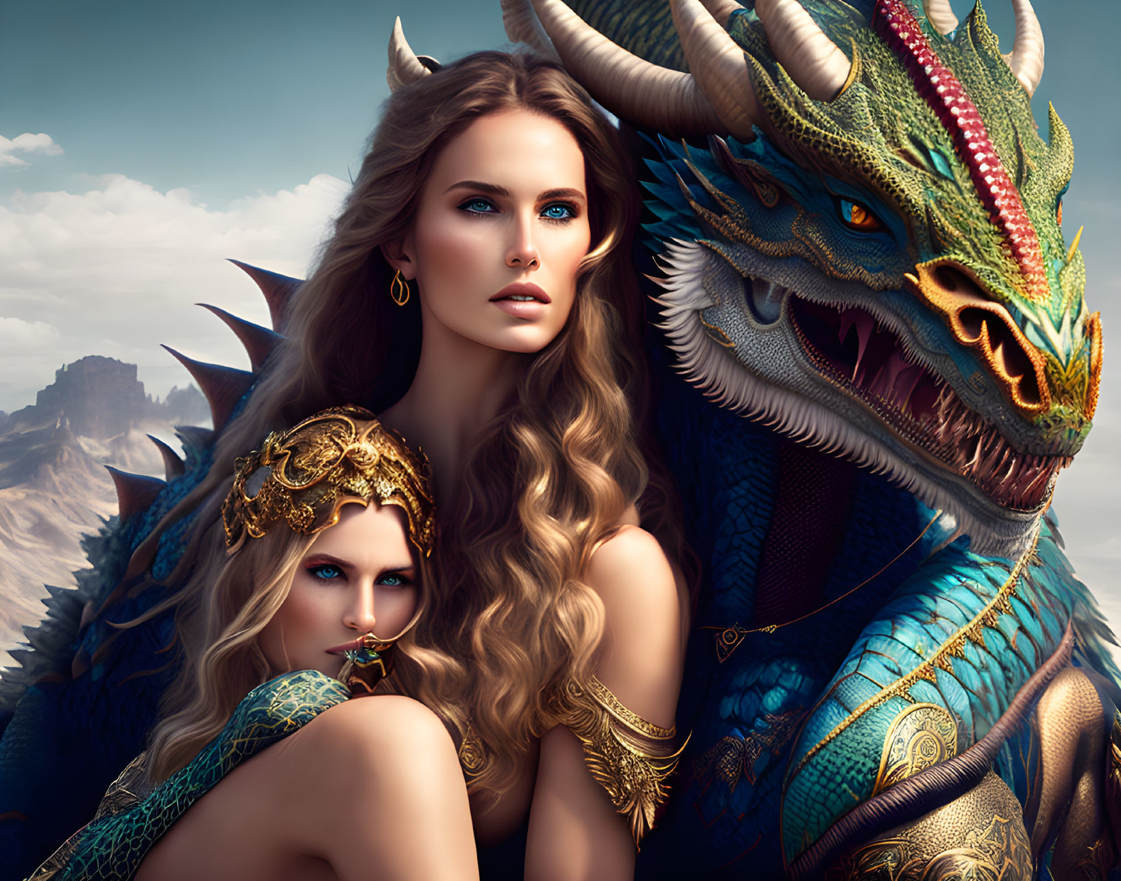 Fantasy art of regal women, gold crowns, majestic dragon, sky, and mountains