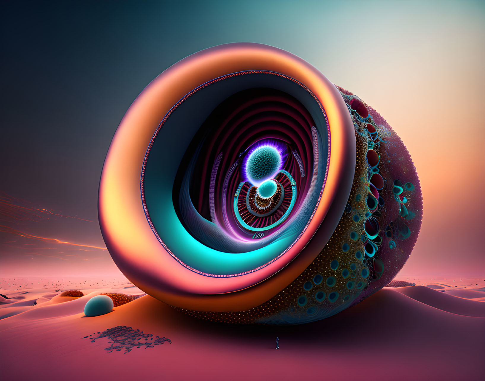 Colorful surreal fractal landscape with infinite loop structure in desert-like setting.