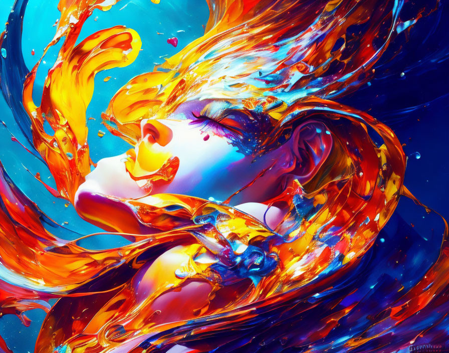 Abstract Digital Art: Woman's Face with Orange and Blue Swirls