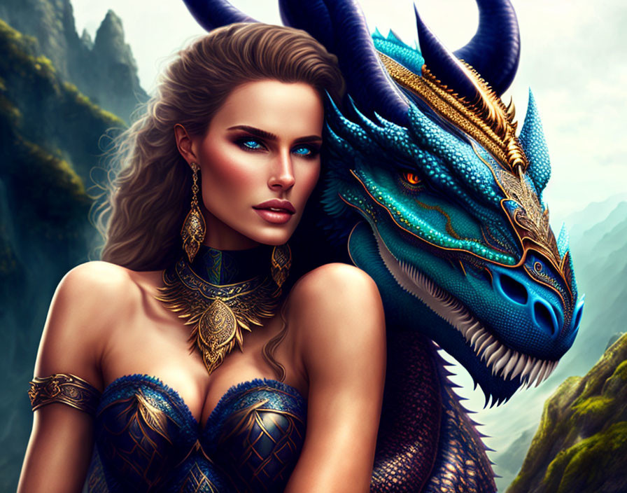 Woman with horns and blue dragon in mystical mountain landscape