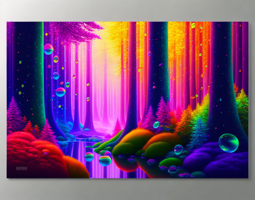 Colorful Fantasy Forest with Neon Hues and Glowing Orbs