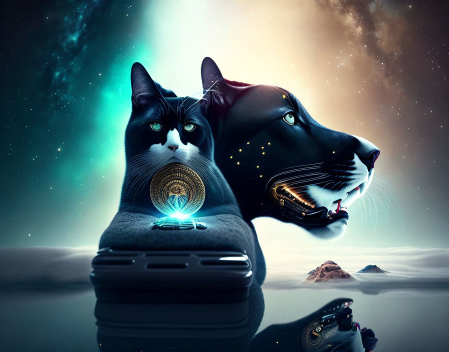 Surreal black-and-white cats with headphones and vinyl record on space background