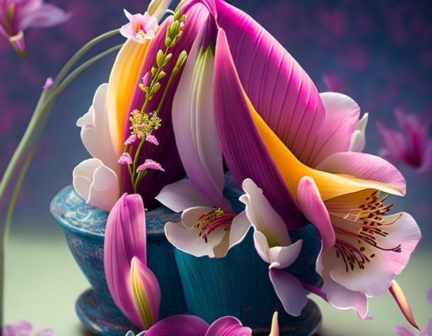 Colorful Pink and Purple Petals in Blue Vase on Violet Background