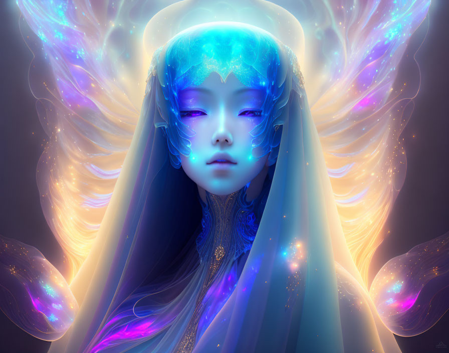 Ethereal character with luminous wings and ornate headdress on dark background