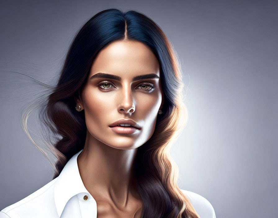 Digital painting of woman with ombre hair and blue eyes in white top