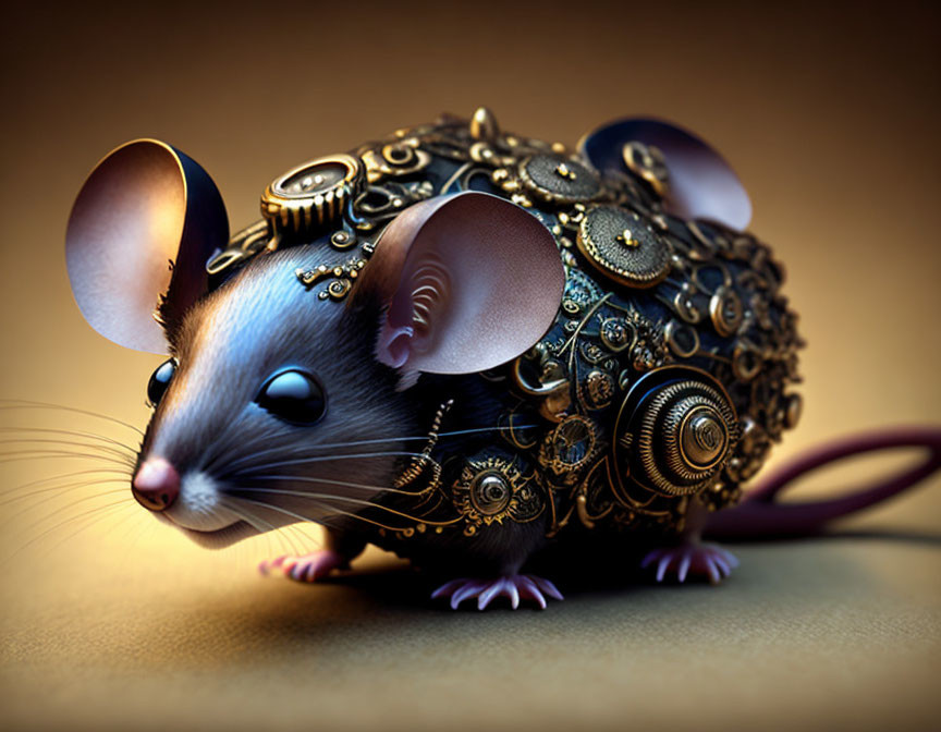 Whimsical mouse in ornate steampunk armor illustration