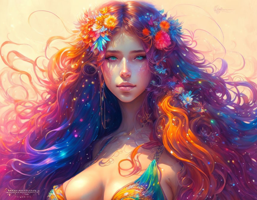 Fantasy female character with multicolored hair and flowers.