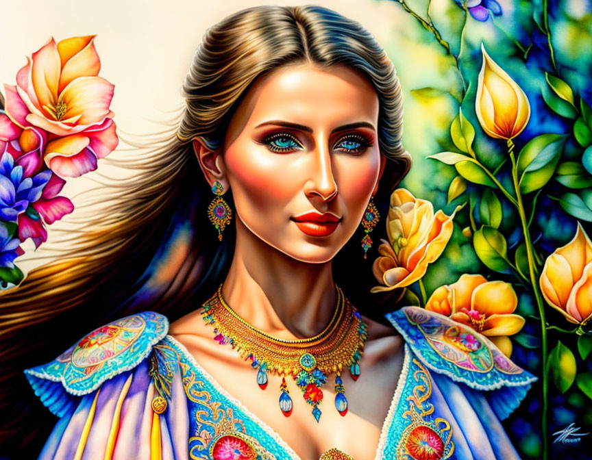 Vibrant digital painting of woman with jewelry and flowers