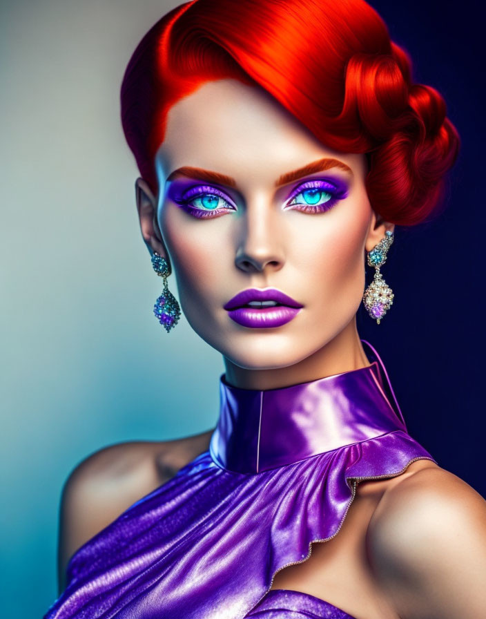 Vibrant red-haired woman in blue eyeshadow and purple lipstick