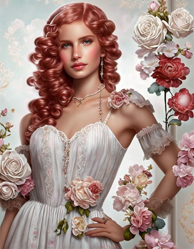 Illustration of woman with red curly hair in white dress among roses