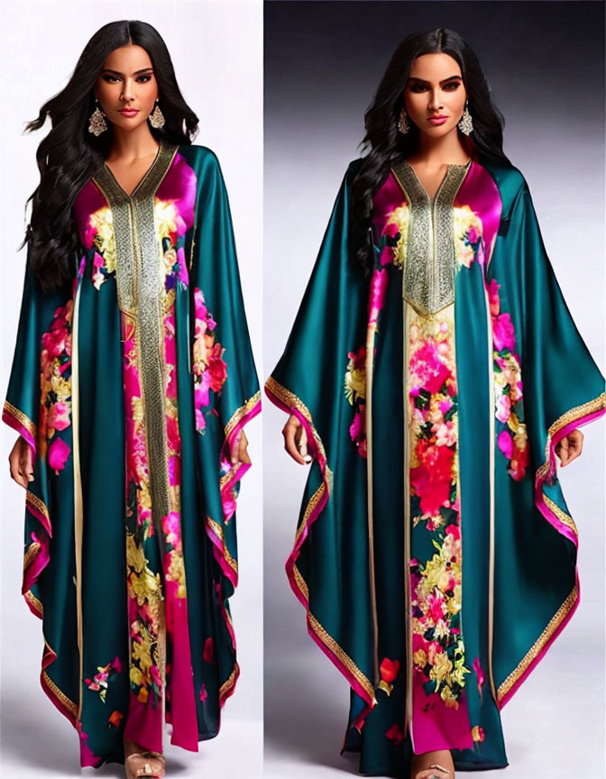 Elegant woman in teal and pink floral robe with gold trim and V-neck underdress