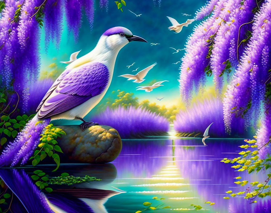 Purple and White Bird Perched by Reflective Lake with Flying Birds