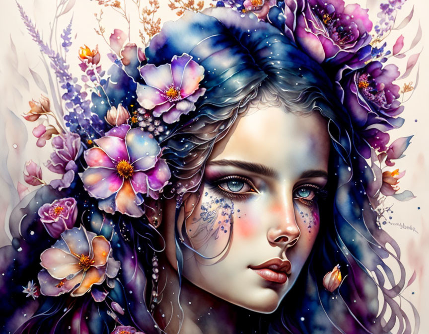 Digital artwork: Woman with blue hair and flower adornments in cosmic backdrop.