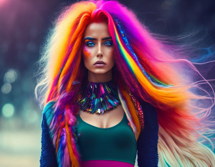 Colorful woman with rainbow hair and green top in pensive pose.