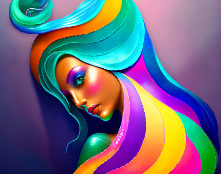 Colorful digital artwork: woman with multicolored hair and makeup on gradient backdrop