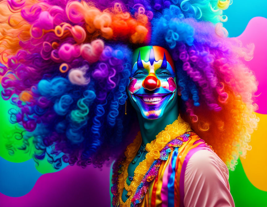 Colorful portrait of person in clown makeup with afro wig and vibrant outfit on rainbow background