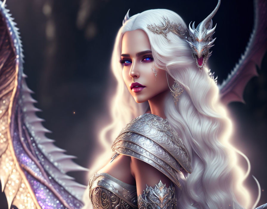 White-haired woman in silver armor with dragon wing backdrop