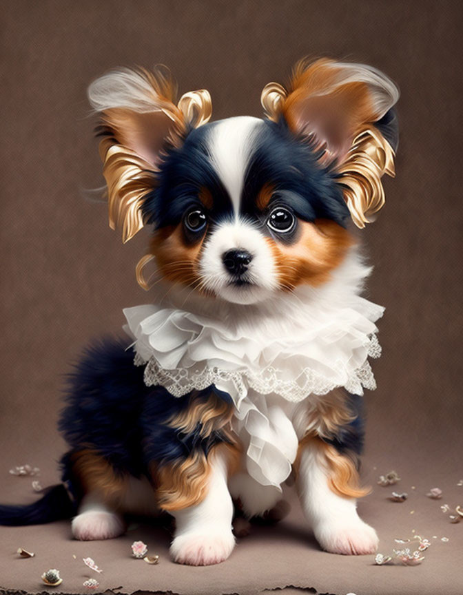 Fluffy tri-colored puppy with expressive eyes on brown background