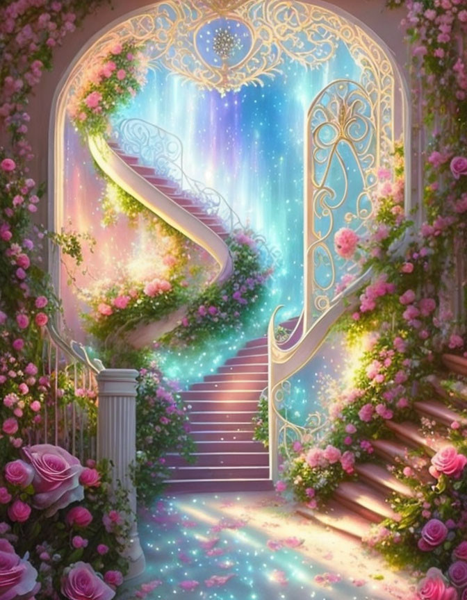 Illustration of ornate archway, magical staircase, pink roses, celestial sky.