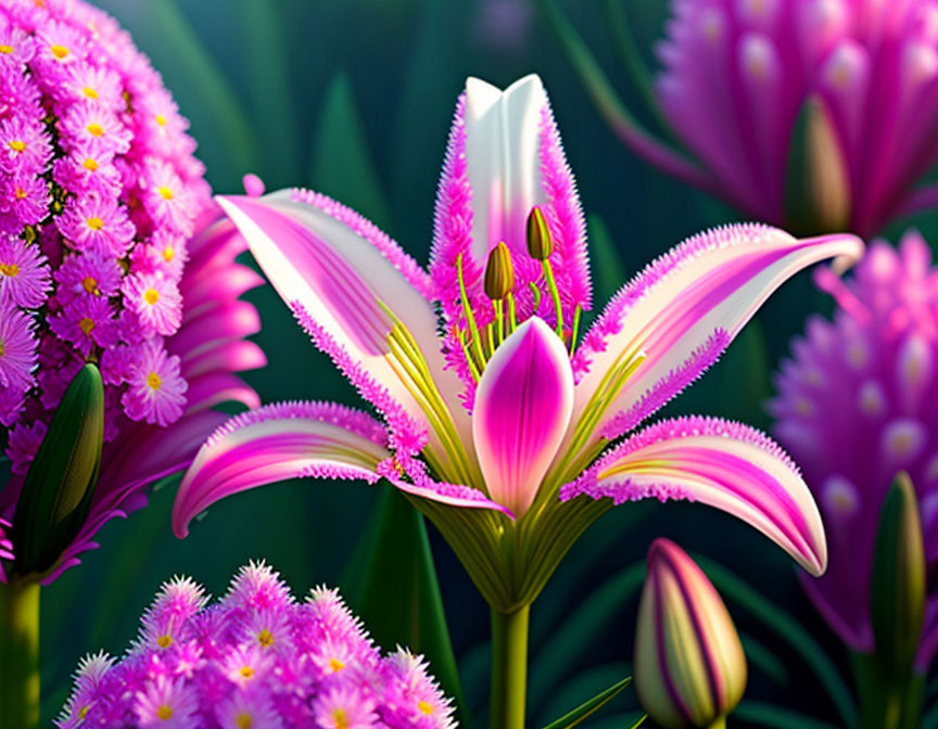 Vibrant pink lily with stamens and pistil among purple flowers on green background