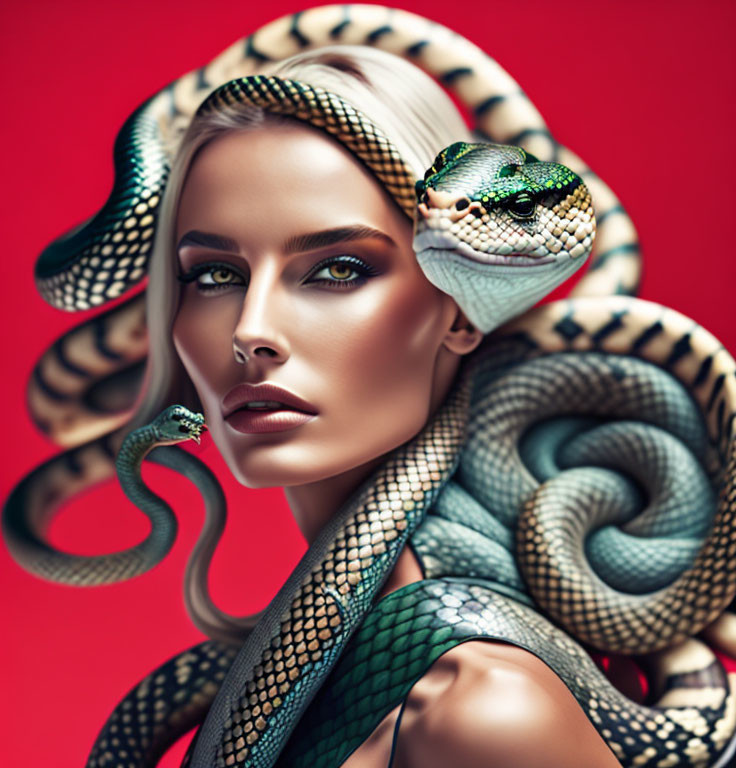 Woman with striking makeup and live snakes in blonde hair on red background