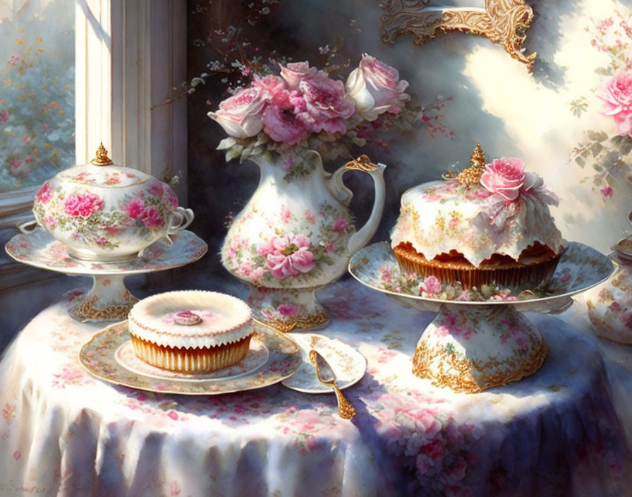 Floral-patterned tea set with frosted cake and biscuits on flower-adorned table