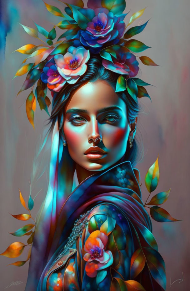 Vibrant blue skin woman portrait with floral headpiece and leaf shoulder garment