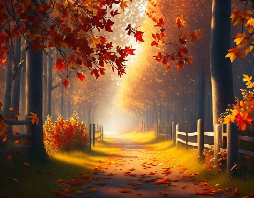 Vibrant autumn scene: sun rays through colorful leaves on trees by wooden fence