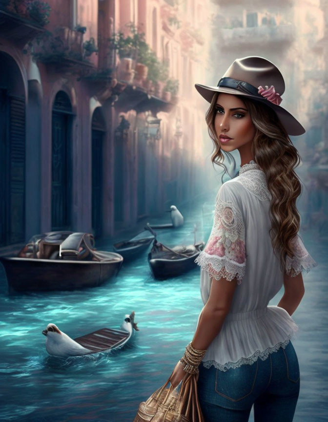 Woman in hat gazes over shoulder in Venetian canal with boats.