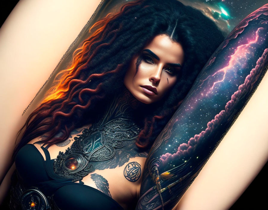 Woman with Black Dreadlocks and Body Tattoos in Cosmic Setting