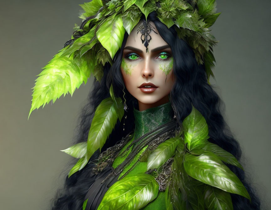 Digital artwork featuring woman with green leafy adornments and mystical gaze